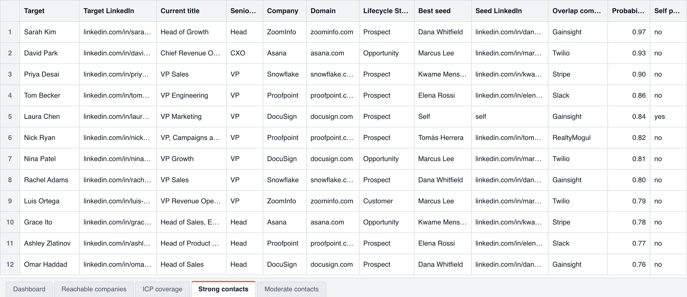 Excel export with Dashboard, Reachable companies, ICP coverage, Strong and Moderate contacts tabs