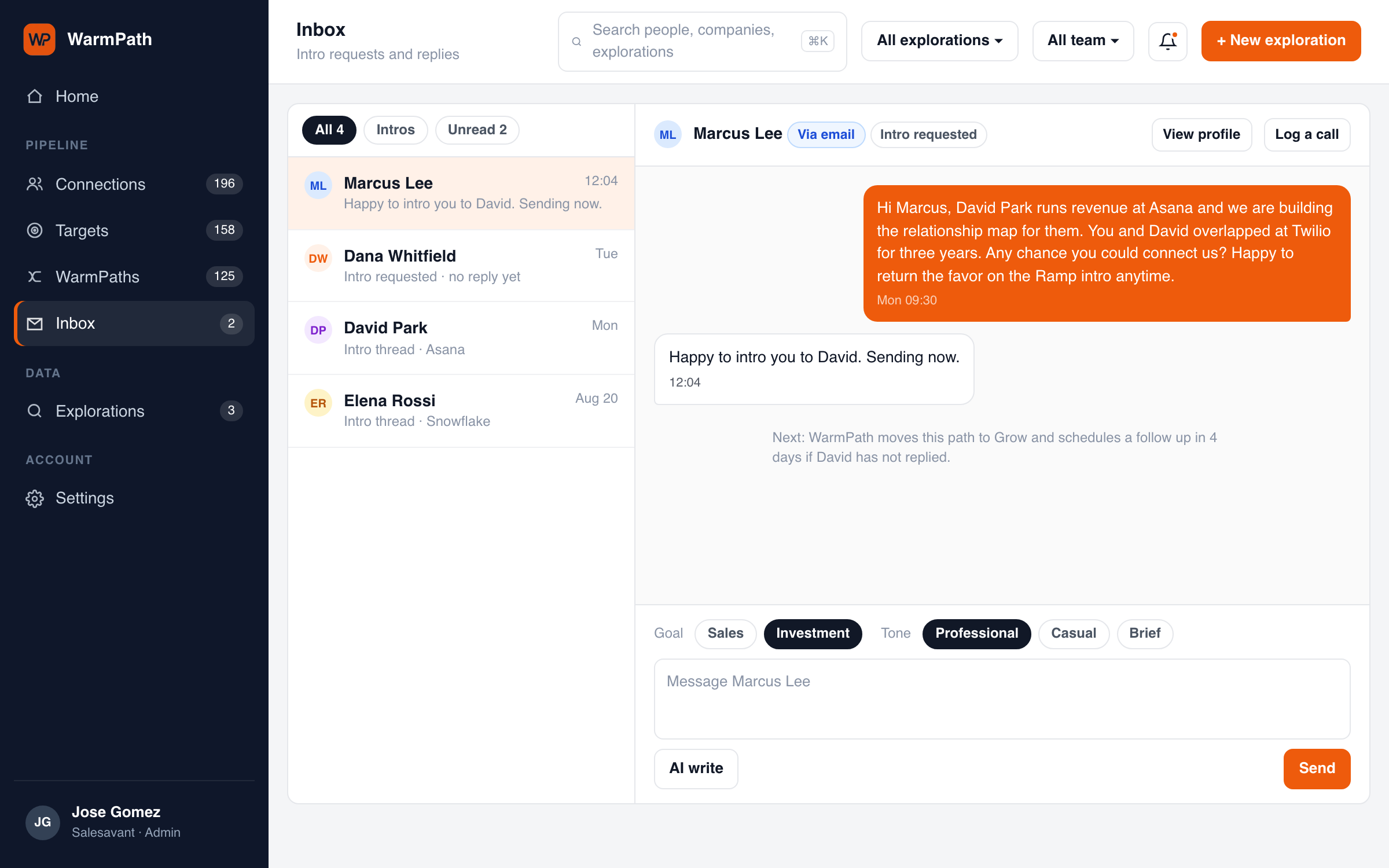 Inbox showing an intro request drafted for an investment conversation